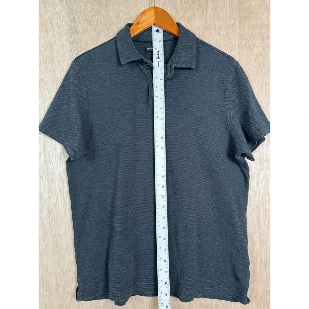 Banana Republic Mens Fitted Polo Shirt Navy Blue Grey Mini Stripe Short Sleeve L